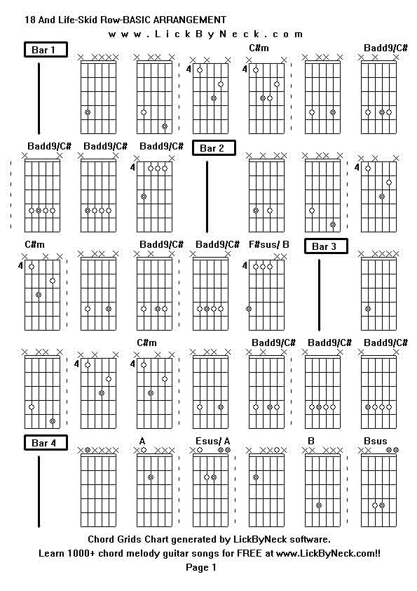 Chord Grids Chart of chord melody fingerstyle guitar song-18 And Life-Skid Row-BASIC ARRANGEMENT,generated by LickByNeck software.